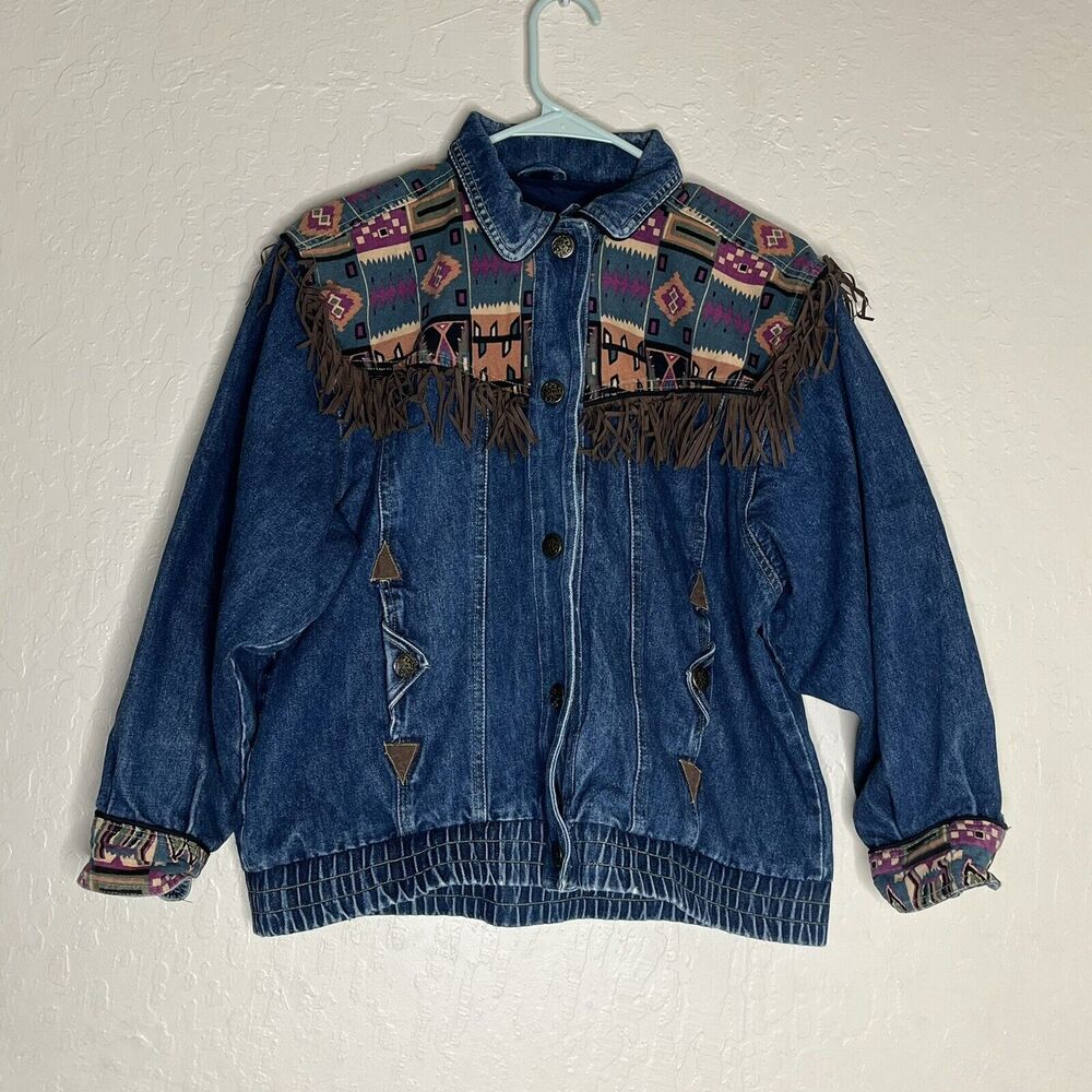 Vintage Andy Johns Kids Blue Aztec Fringed Western Denim Jacket